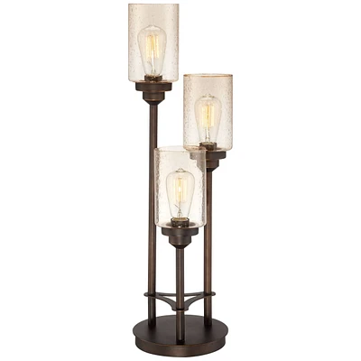 Franklin Iron Works Libby Modern Industrial Rustic Farmhouse Table Lamp 30" Tall Full Size Bronze Metal 3-Light Led Amber Seeded Cylinder Glass for Li
