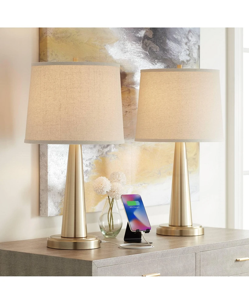 Karla Modern Table Lamps 25" Tall Set of 2 with Usb Charging Port Brass Gold Metal Beige Fabric Drum Shade for Bedroom Living Room House Desk Bed