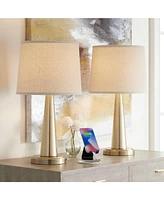 Karla Modern Table Lamps 25" Tall Set of 2 with Usb Charging Port Brass Gold Metal Beige Fabric Drum Shade for Bedroom Living Room House Desk Bed