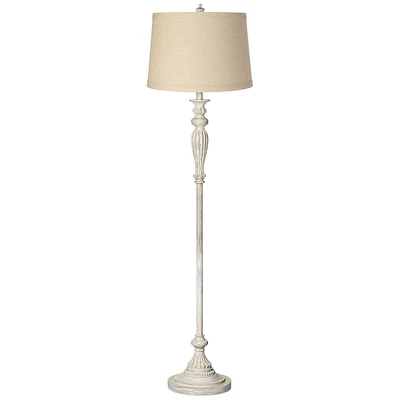 Traditional Vintage Shabby Chic Standing Floor Lamp 60" Tall Antique White Washed with Tan Burlap Tapered Drum Shade Decor for Living Room Readin