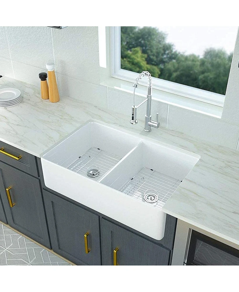 32 L X 20 W Double Basin Farmhouse Kitchen Sink With Basket Strainer