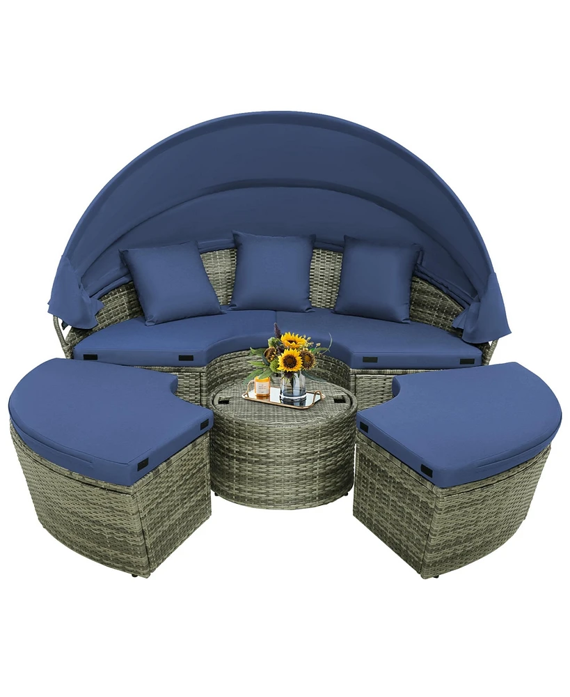 Patio Rattan Daybed Outdoor Sectional Seating with Side Table & Retractable Canopy