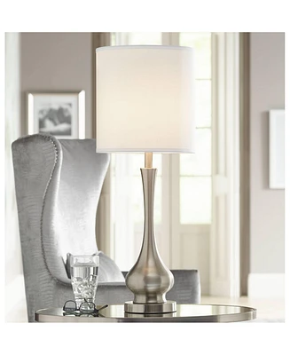 Possini Euro Design Modern Buffet Table Lamp 32" Tall Skinny Brushed Nickel Silver Metal Gourd White Fabric Cylinder Shade Decor Bedroom Living Room H