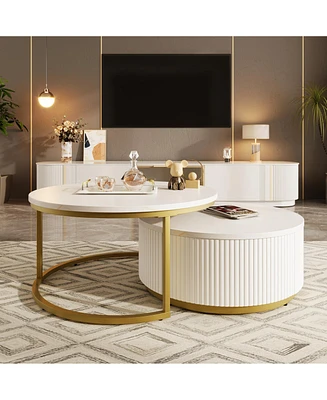 Modern Round Nesting Coffee Table Fluted with Drawer in Black & Gold in 31.5"