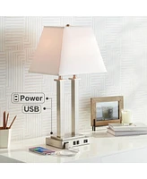 Amity Modern Table Lamp 26" High with Usb and Ac Power Outlet in Base Brushed Nickel White Linen Hardback Shade for Bedroom Living Room House Home Des