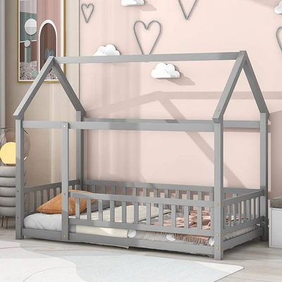 Twin Size Floor Wooden Bed with House Roof Frame, Fence Guardrails, Grey