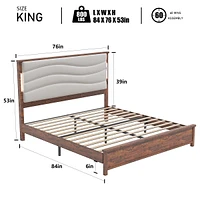 King Size Bed Frame with Upholstered Headboard, King Bed Frame with Charging Station and Led Lights, Wood Slats, Beige Linen, No Box Spring Needed, Ea