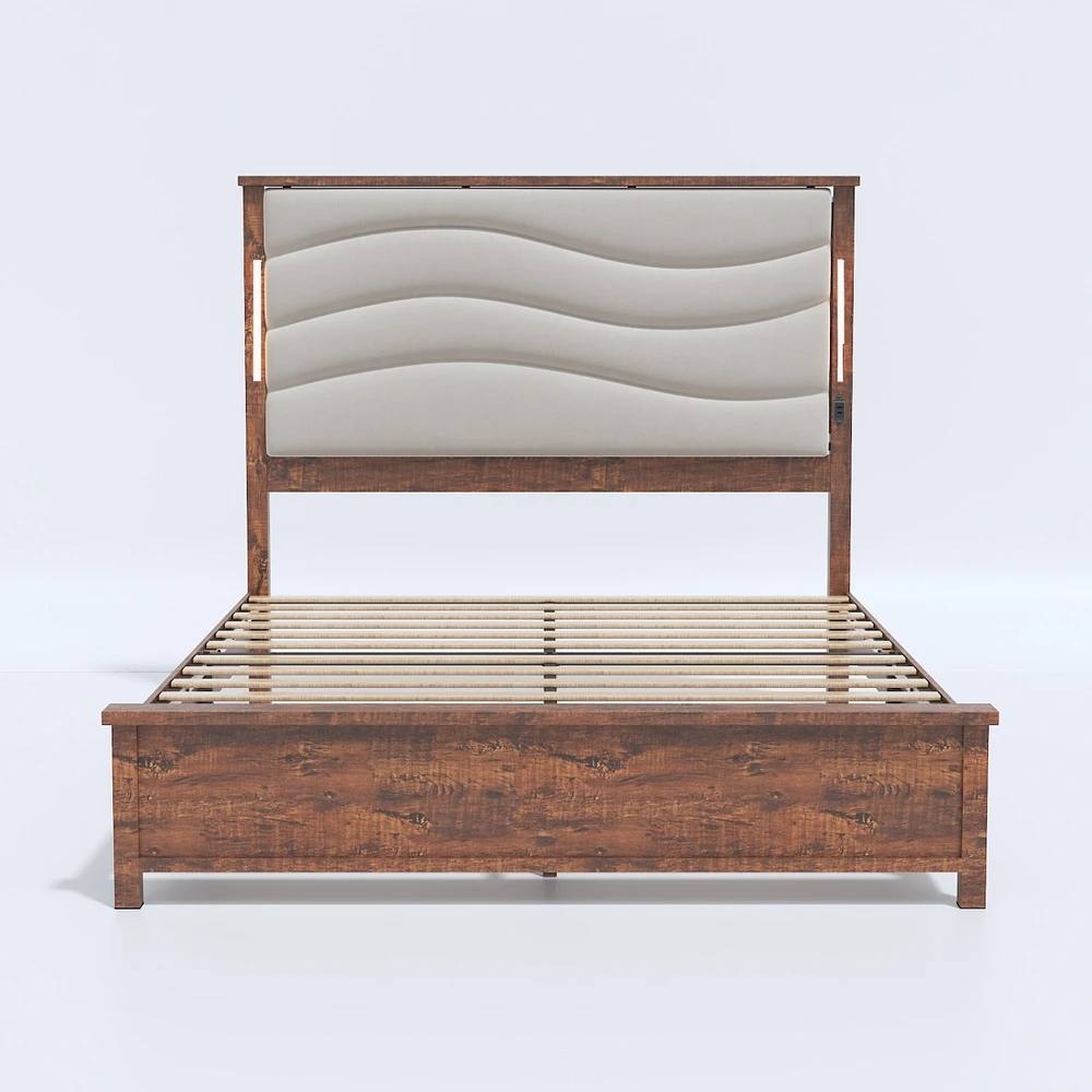 King Size Bed Frame with Upholstered Headboard, King Bed Frame with Charging Station and Led Lights, Wood Slats, Beige Linen, No Box Spring Needed, Ea