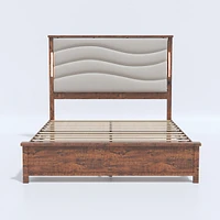 King Size Bed Frame with Upholstered Headboard, King Bed Frame with Charging Station and Led Lights, Wood Slats, Beige Linen, No Box Spring Needed, Ea