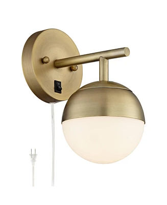 360 Lighting Luna Mid Century Modern Indoor Wall Mount Lamp Antique Brass Plug-In Light Fixture Frosted Glass Globe Shade for Bedroom Bedside House Re