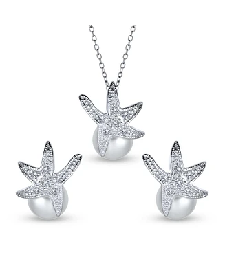 Bling Jewelry Nautical Round Simulated Pearl Starfish Pendant Necklace and Earrings Set Silver
