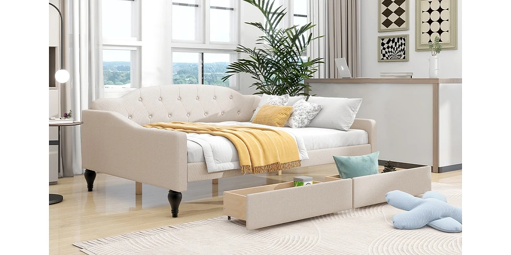 Full Size Upholstered Tufted Daybed With Two Drawers