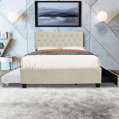 Streamdale Furniture Beige Queen Upholstered Bed with Trundle