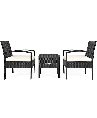 Gymax 3PCS Rattan Patio Conversation Set Outdoor Furniture Set w/ Storage Table
