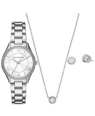 Michael Kors Women's Lauryn Three-Hand Stainless Steel Watch, Earrings and Necklace Gift Set 33mm