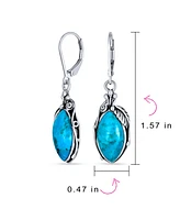 Bling Jewelry Style Natural Stabilized Blue Turquoise Marquise Shaped Leaf Feather Dangle Earrings Lever back Oxidized Sterling Silver