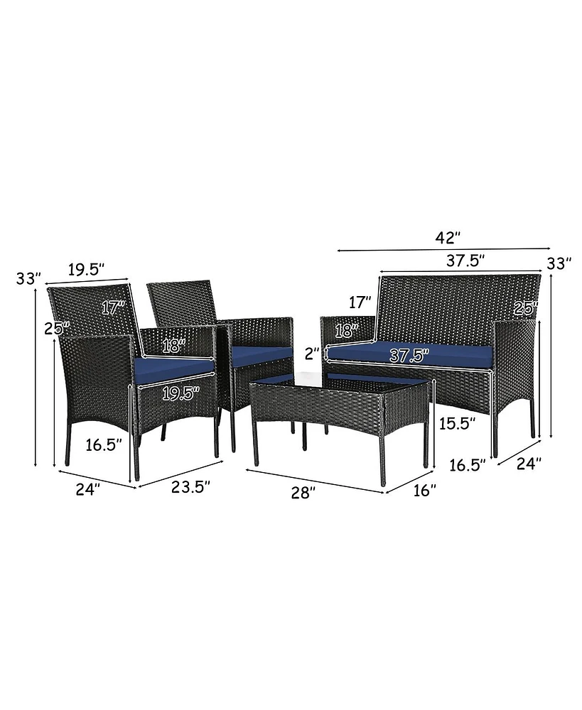 Sugift 4 Pieces Patio Rattan Cushioned Sofa Set with Tempered Glass Coffee Table-Navy & Off White