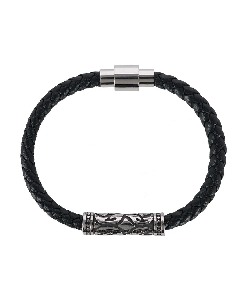 Trafalgar Silver Filigree Pattern on Black Leather Bracelet