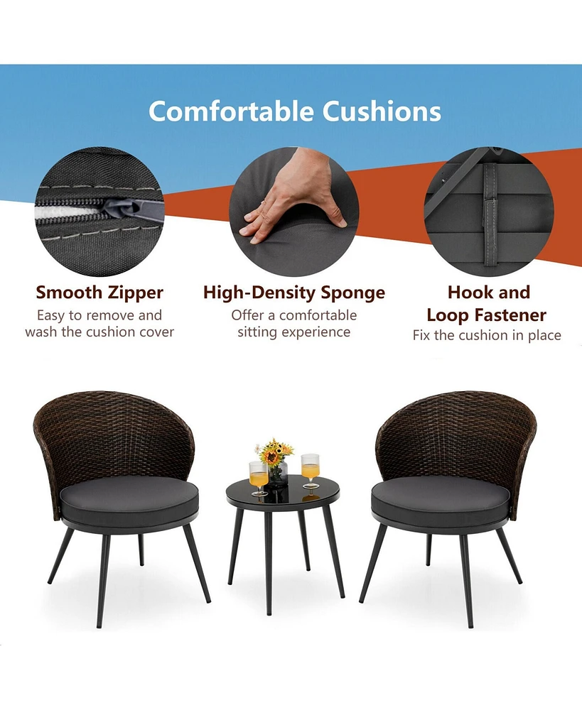Gymax 3PCS Rattan Patio Bistro Set Outdoor Conversation Furniture Set w/ Seat Cushions