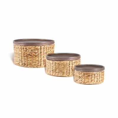Jonathan Y Gouda Southwestern Hand-Woven Hyacinth Circular Nesting Baskets with Wood Lids, Natural (Set of 3)