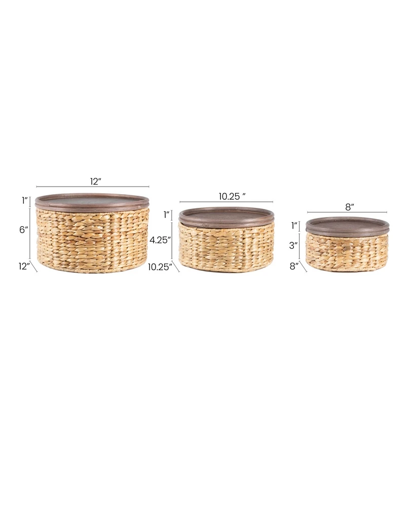 Jonathan Y Gouda Southwestern Hand-Woven Hyacinth Circular Nesting Baskets with Wood Lids, Natural (Set of 3)