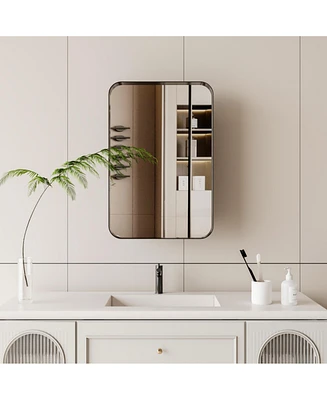 Recessed Black Metal Medicine Cabinet with Mirror and Shelves