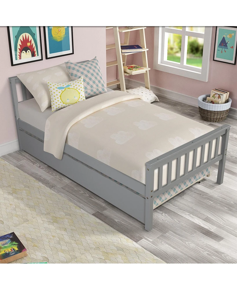 Twin Bed with Trundle, Platform Frame, Headboard/Footboard, Grey