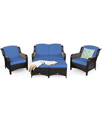 5 Pieces Patio Rattan Sofa Set with Cushion and Ottoman