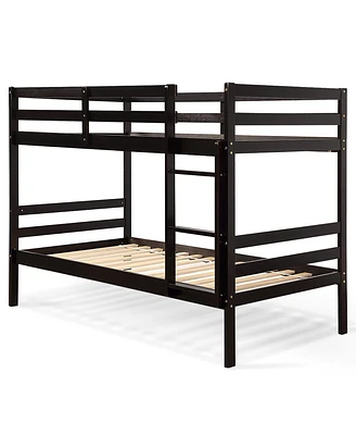 Twin Sturdy Wooden Bunk Beds with Ladder and Safety Rail