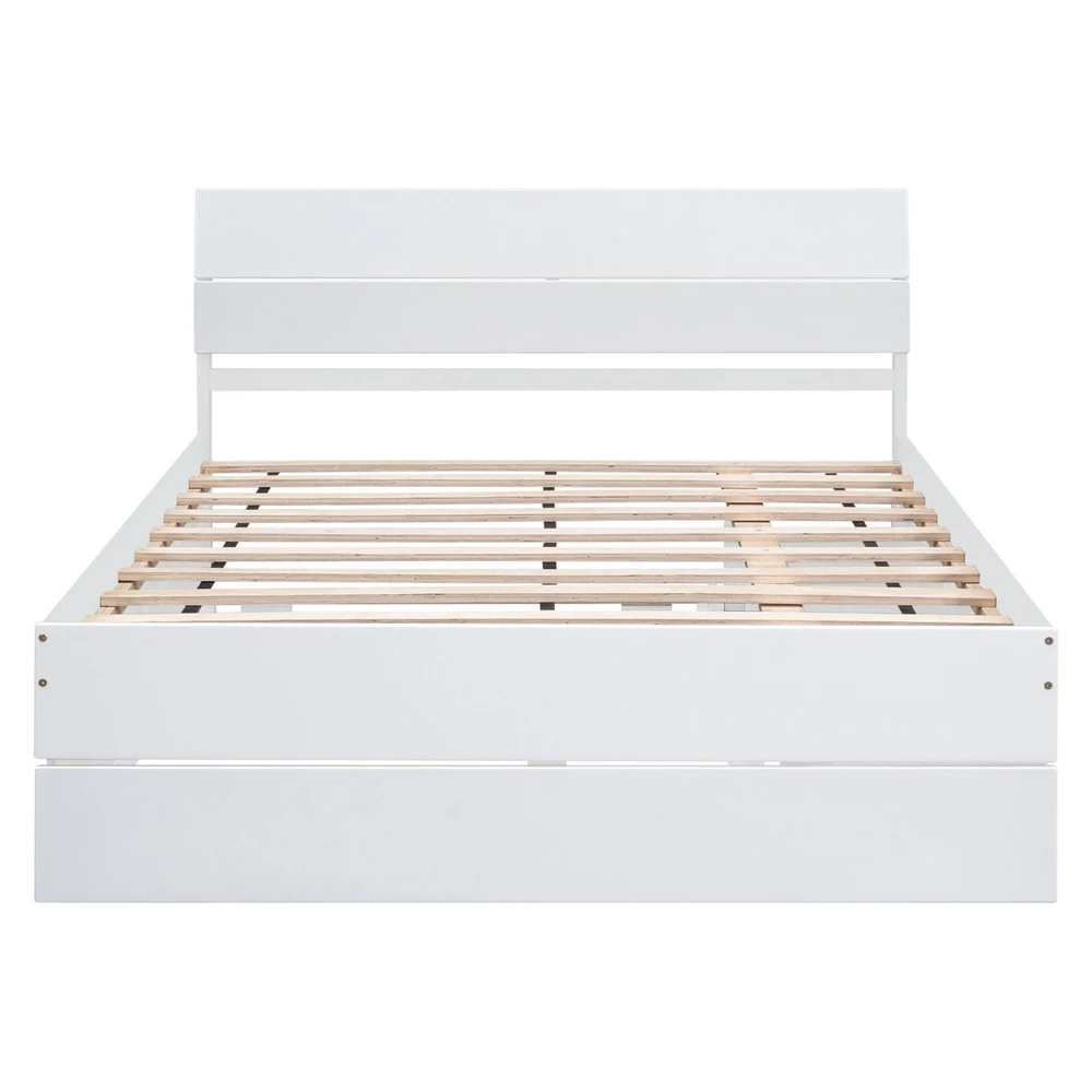 Modern Full Bed Frame with Twin Trundle, 2 Drawers - White Gloss & Washed White