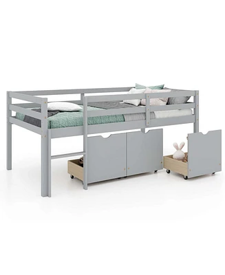 Twin Low Loft Bed with 3 Drawers Ladder & Full-length Guardrails Storage