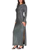 24seven Comfort Apparel Women's Fitted Long Sleeve Shimmery Side Slit Maxi Dress