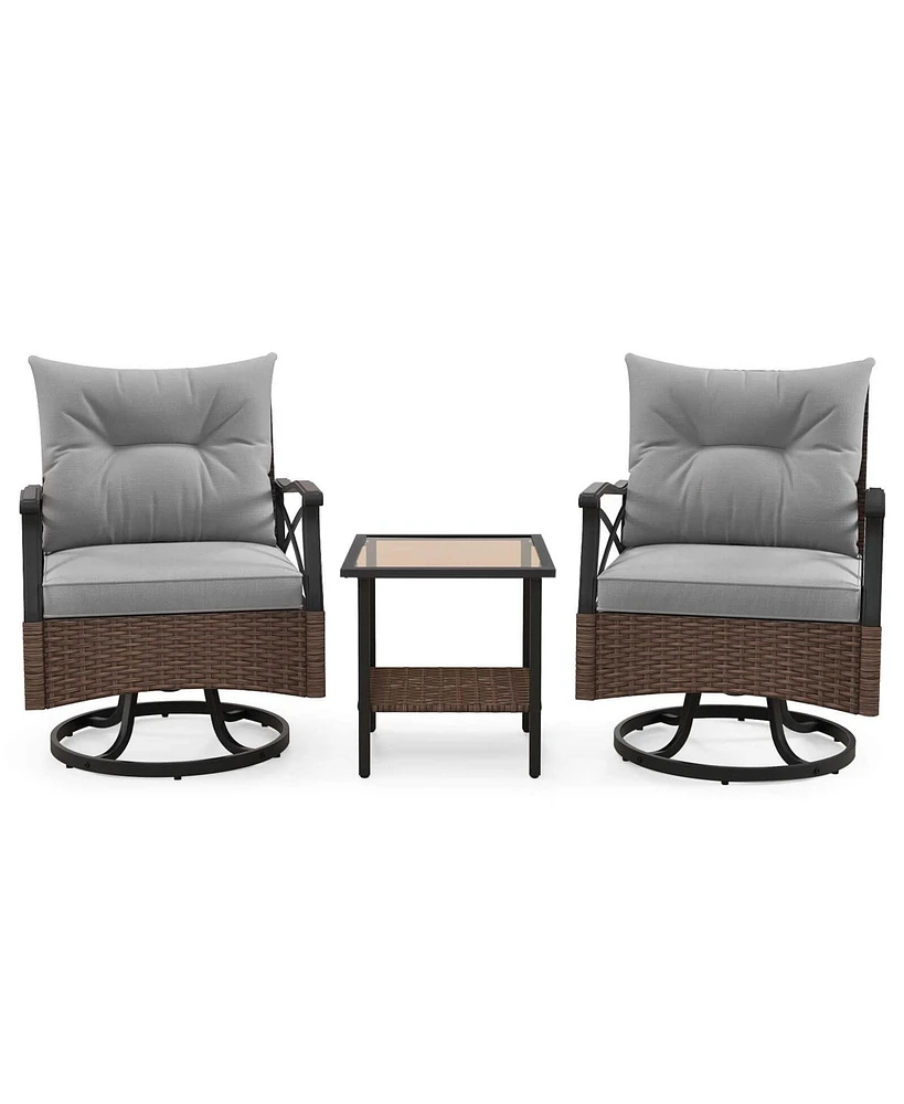 3 Pcs Patio Swivel Rocker Set with 2-Tier Coffee Table & Cozy Seat Back Cushions