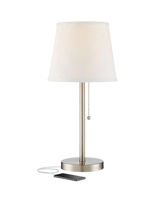 Flesner Modern Accent Table Lamp with Hotel Style Usb and Ac Power Outlet in Base 20" High Brushed Nickel White Empire Shade for Living Room Desk Bedr
