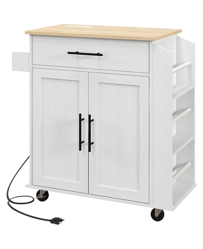 Homcom Kitchen Island with Storage and Power Outlets, Rolling, White