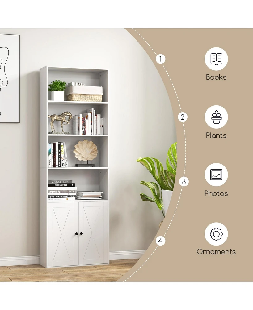 Sugift 71 Inch Freestanding Bookshelf with 6 Shelves and 2-Door Cabinet-White