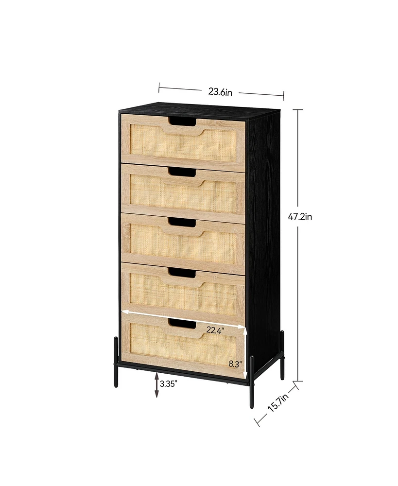 Modern Rattan 5 Drawers Dresser, Double Dresser for Bedroom, Chest of Drawers Closet Organizers and Storage Clothes for Bedroom Living Room Hallway Of