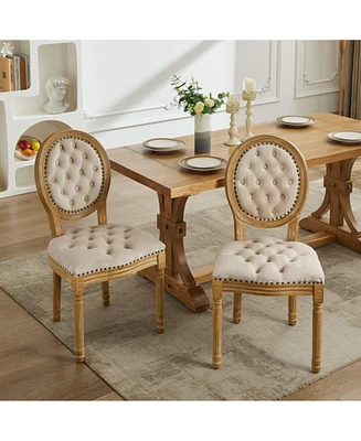 French Antique Velvet Dining Chairs with Nailhead Trim (Beige, Set of 2)