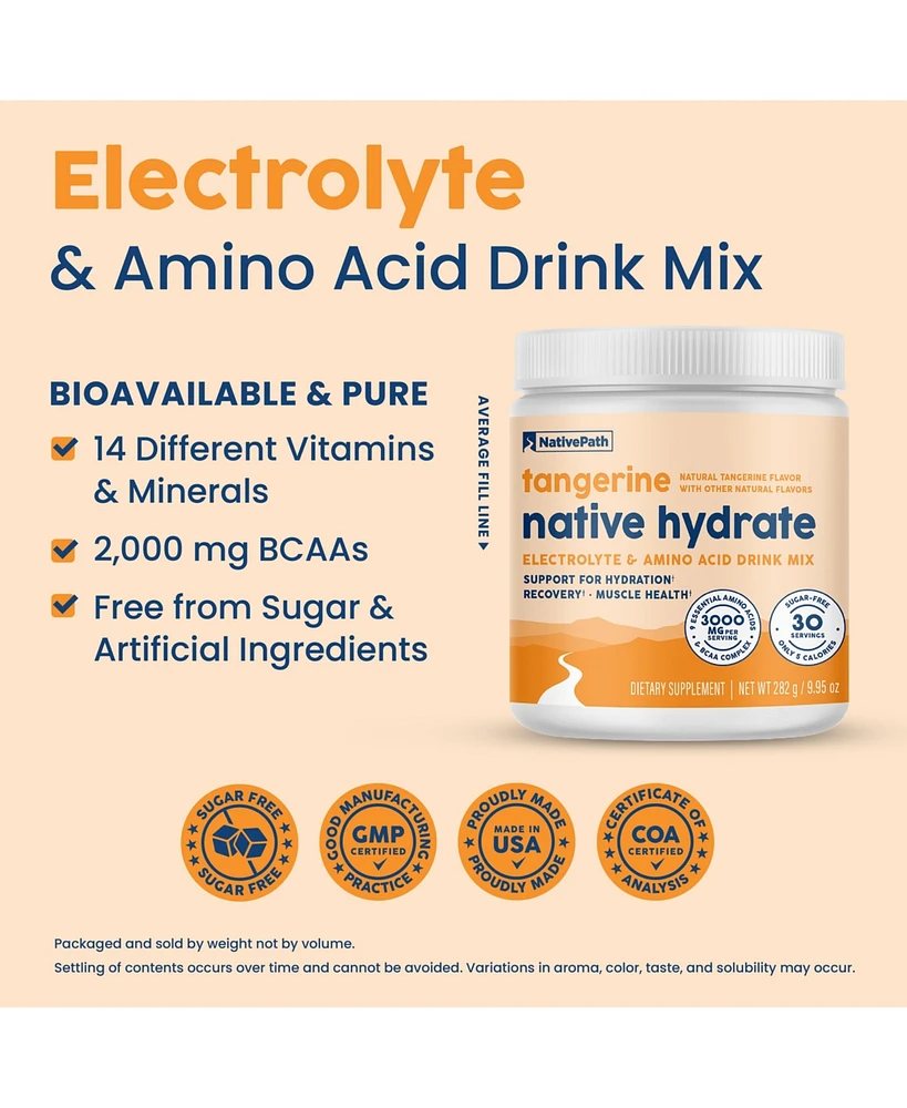 NativePath Native Hydrate, Zero Sugar, Electrolytes Powder with BCAAs, Tangerine Hydration, Keto & Paleo Friendly, 30 Servings