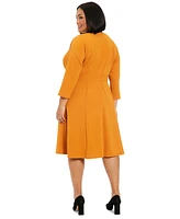 London Times Plus Size 3/4-Sleeve Tab-Waist Fit & Flare Dress