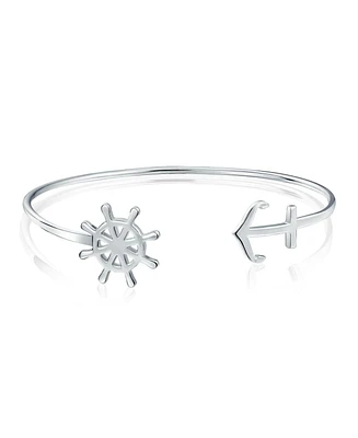 Bling Jewelry Nautical Ocean Vacation Ship Wheel Layering Boat Anchor Bangle Cuff Bracelet Sterling Silver Jewelry
