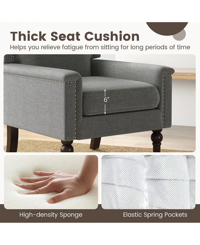 Mid-century Modern Armchair Linen Fabric Upholstered Accent Chair with Cushion-Gray