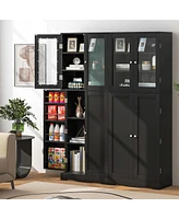 63.5" Tall Kitchen Pantry Storage Cabinet with Glass Door Shelves