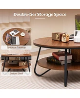 2-Tier Round Coffee Table with Wood Grain Finish & Heavy-duty Metal Frame