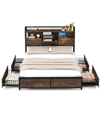 Gymax Queen Size Bed Frame w/ Bookcase Headboard & 4 Storage Drawers Vintage Brown