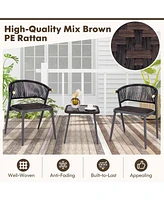 3 Pcs Patio Rattan Furniture Set with Tempered Glass Tabletop Wicker Seat