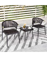 3 Pcs Patio Rattan Furniture Set with Tempered Glass Tabletop Wicker Seat