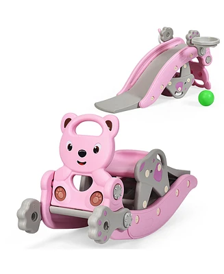 Baby Rocking Horse Slide Set 4-in-1 Kids Swing Toys w/Basketball Hoop Ferrule