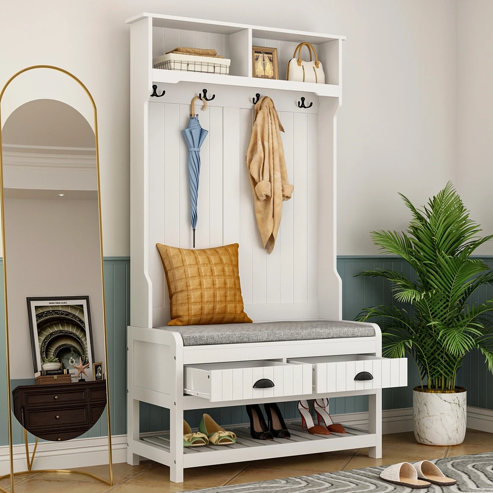 Famapy 68.5 in. White Wood 3-in-1 Hall Tree Coat Rack Storage Bench with 4-Metal Double Hooks and 2-Drawers, Shelves