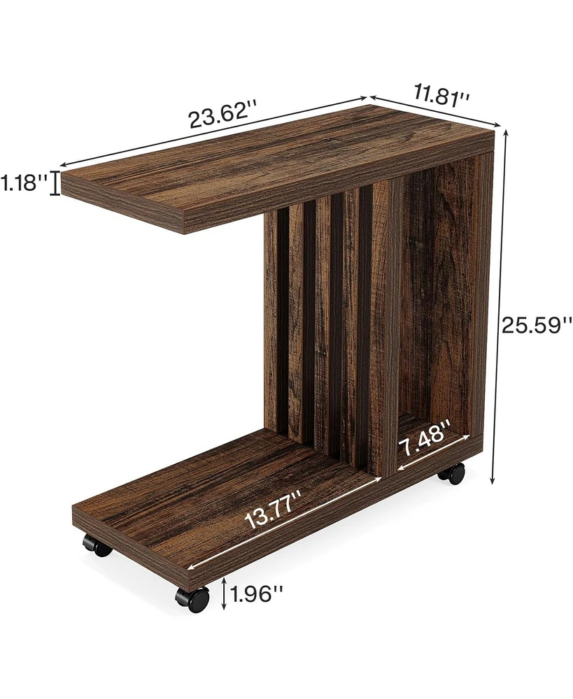 Tribesigns C-Shaped End Table, 2-Tier Side Table for Couch and Bed, Small Couch Table with Lockable Wheels, Wood Bedside Table for Living Room, Bedroo